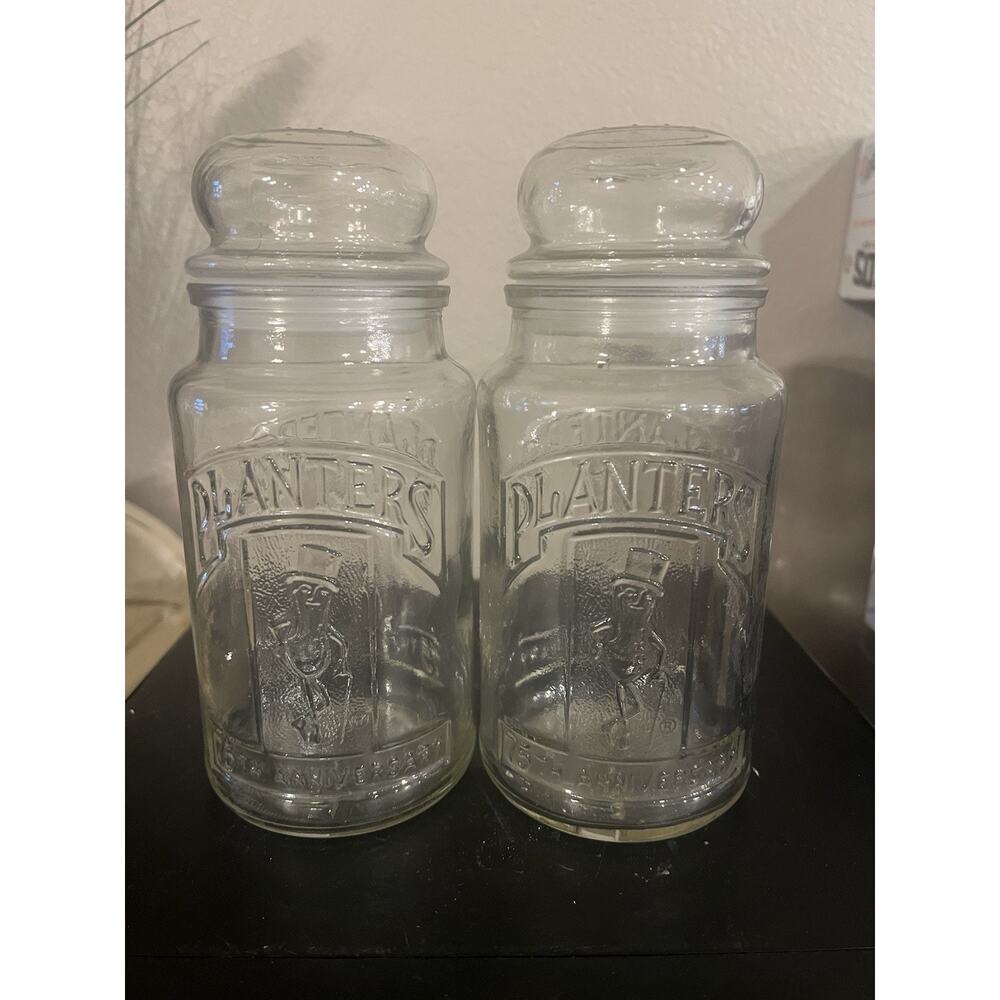 Vintage Planters Peanuts 75th Anniversary Mr Peanut Glass Jars Lot Of 2